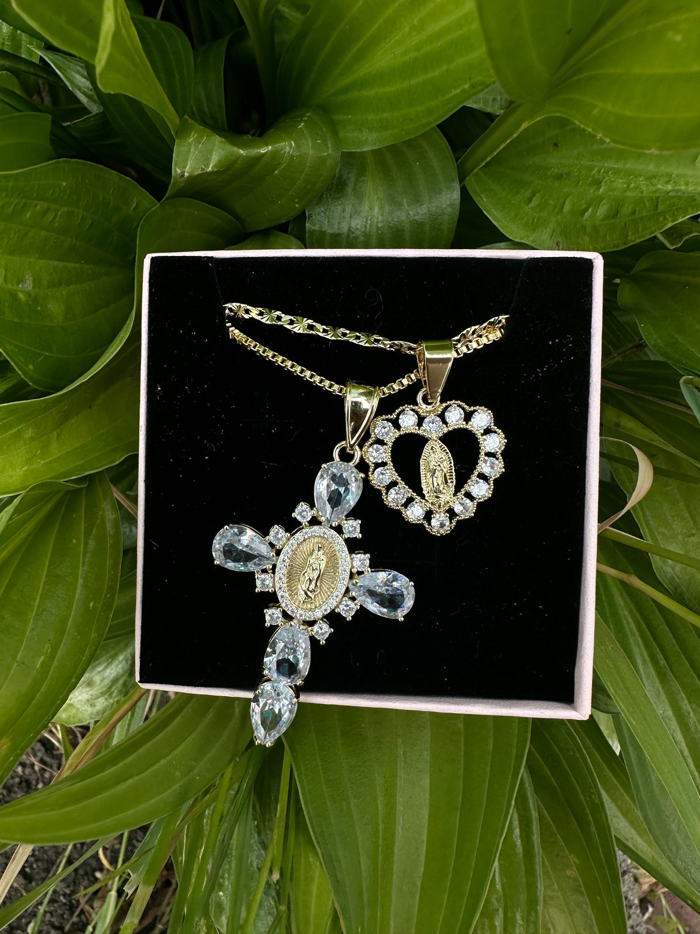 Virgin de Guadalupe cross and heart necklace set