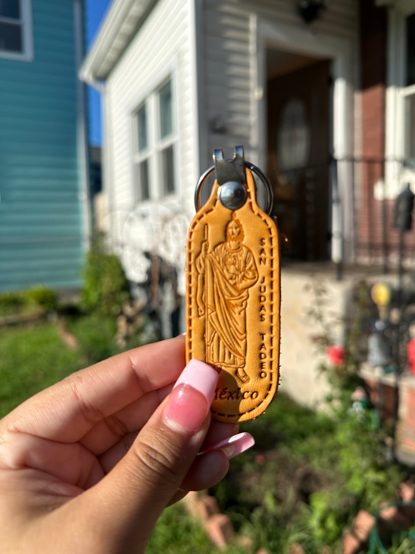 San Judas Leather Keychain