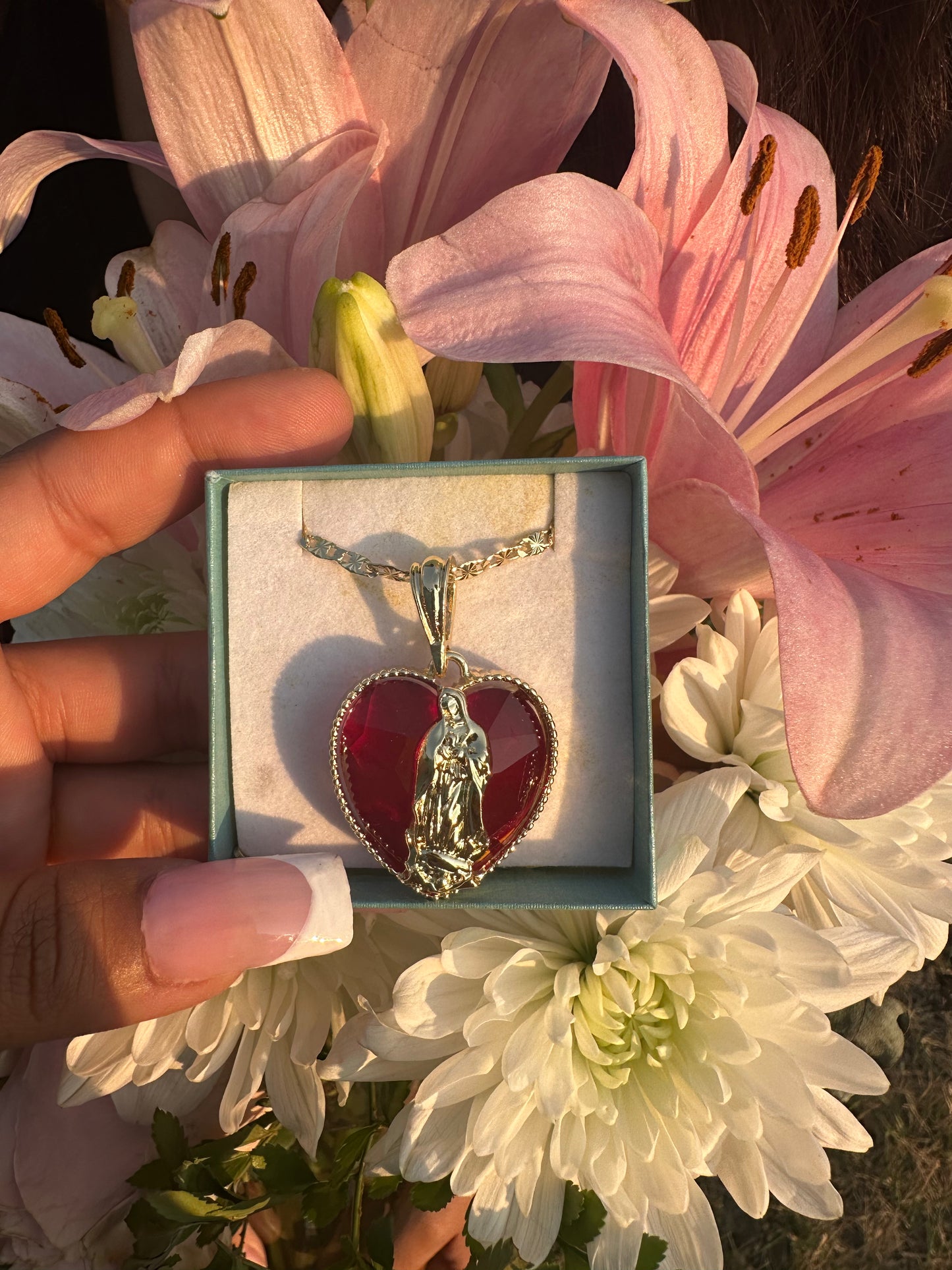 Ruby heart necklace with la virgin