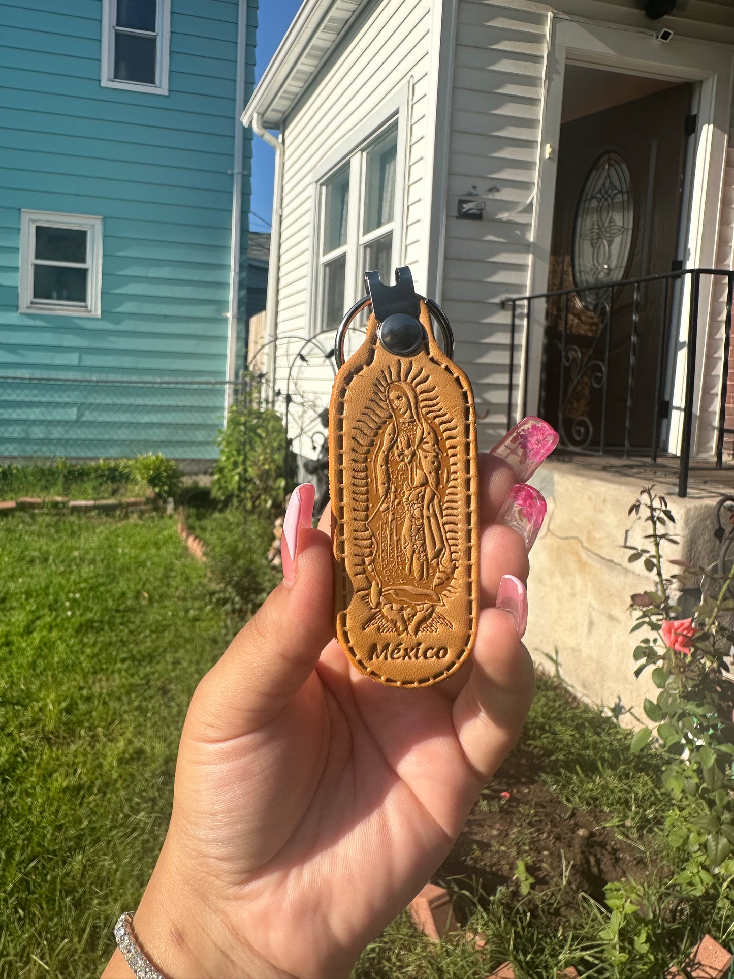 Virgin de Gudalupe leather keychain