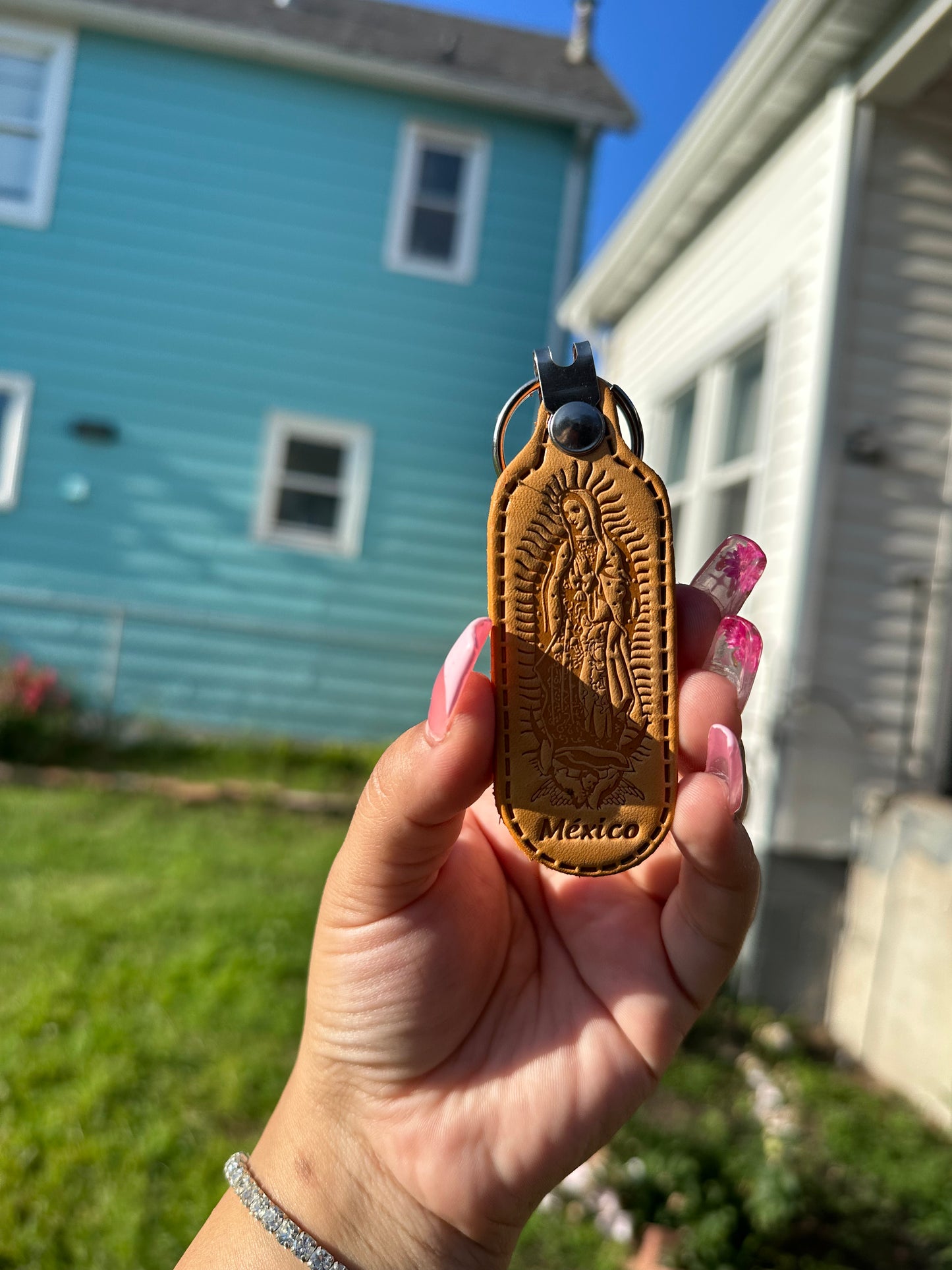 Virgin de Gudalupe leather keychain
