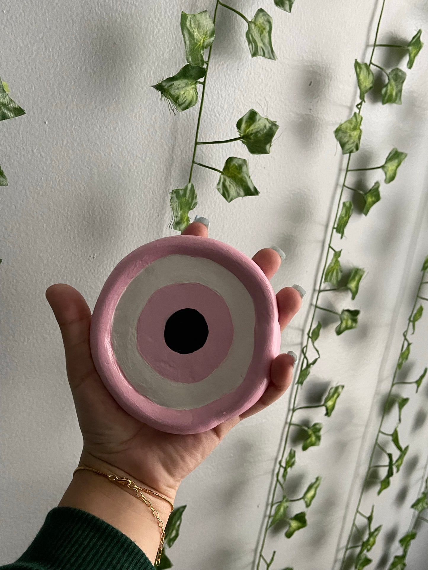 Pink evil eye handmade air clay jewelry holder