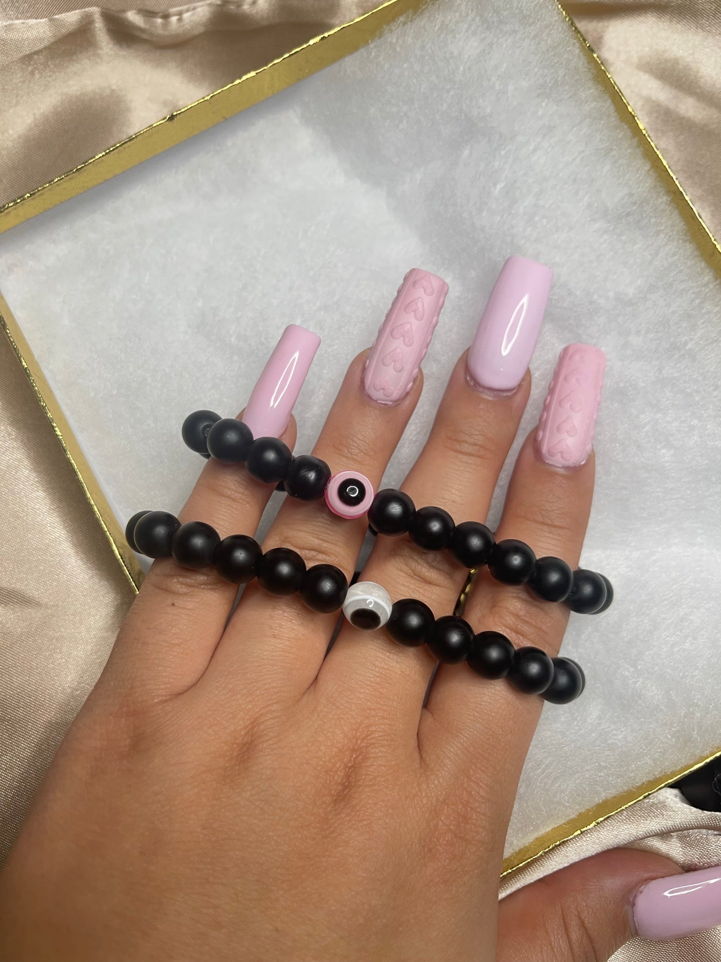 Gold Evil eye matching black bracelets with magnetic heart